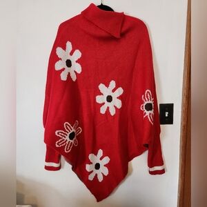 Red With White Flowers Poncho With Long Sleeves Size XL